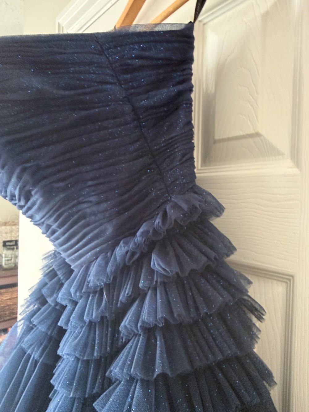 Sherri Hill Navy Layered Ruffle Tulle Prom Gown - Size 0 - Picture 3 of 13